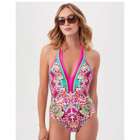 Trina Turk Multicolor Paisley Plunge Halter One Piece Swimsuit - Size 14 NEW - Picture 1 of 8